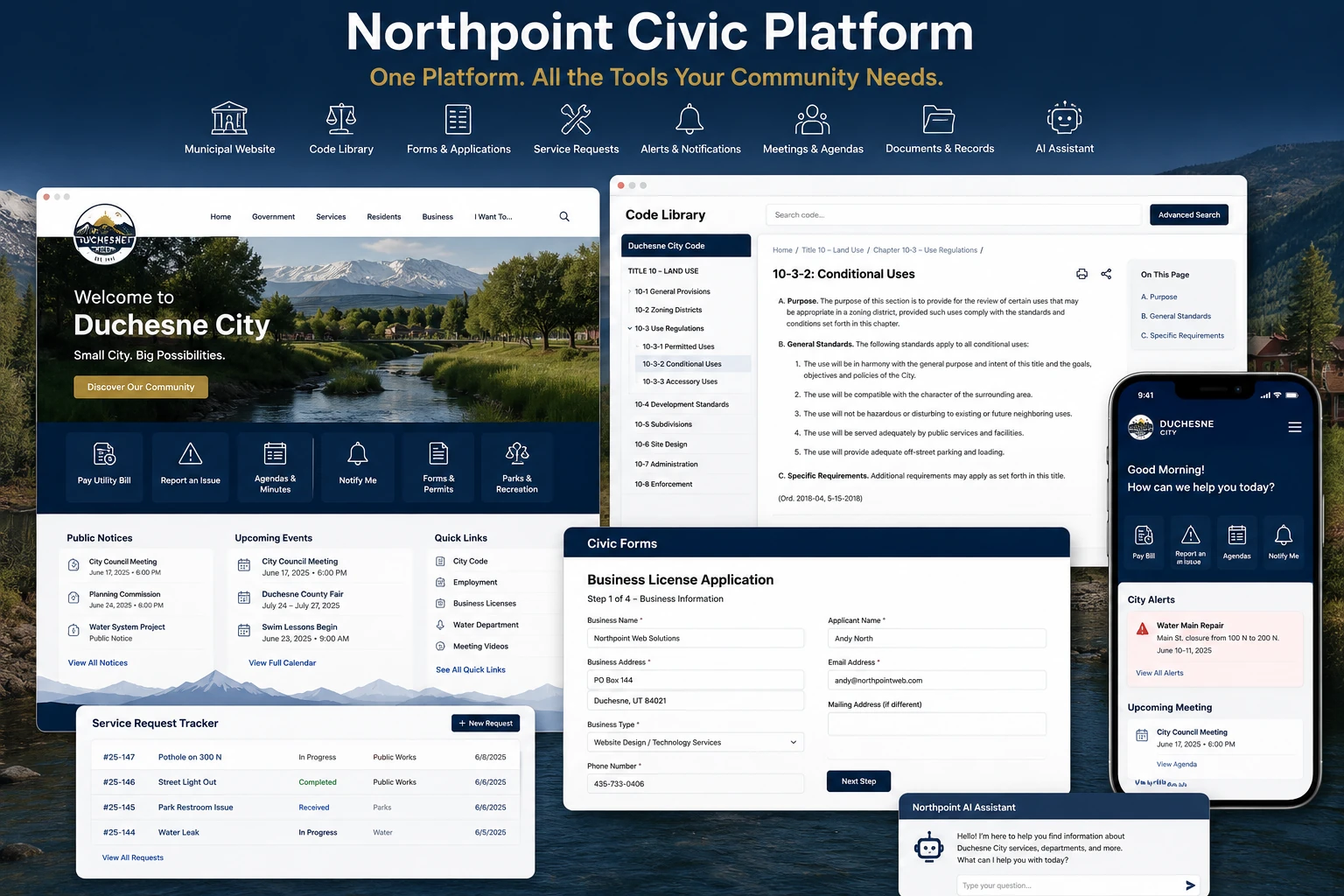 Northpoint Civic platform showing municipal code, online forms, alerts and staff tools
