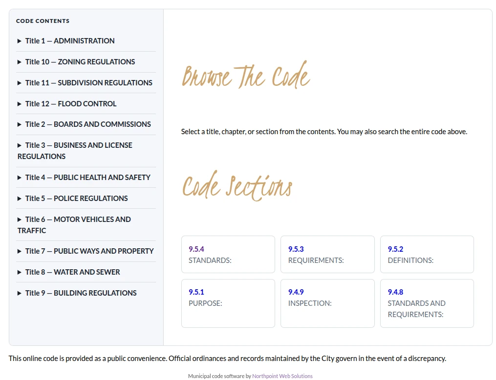 Northpoint Code Library with titles, chapters and sections in a left navigation outline