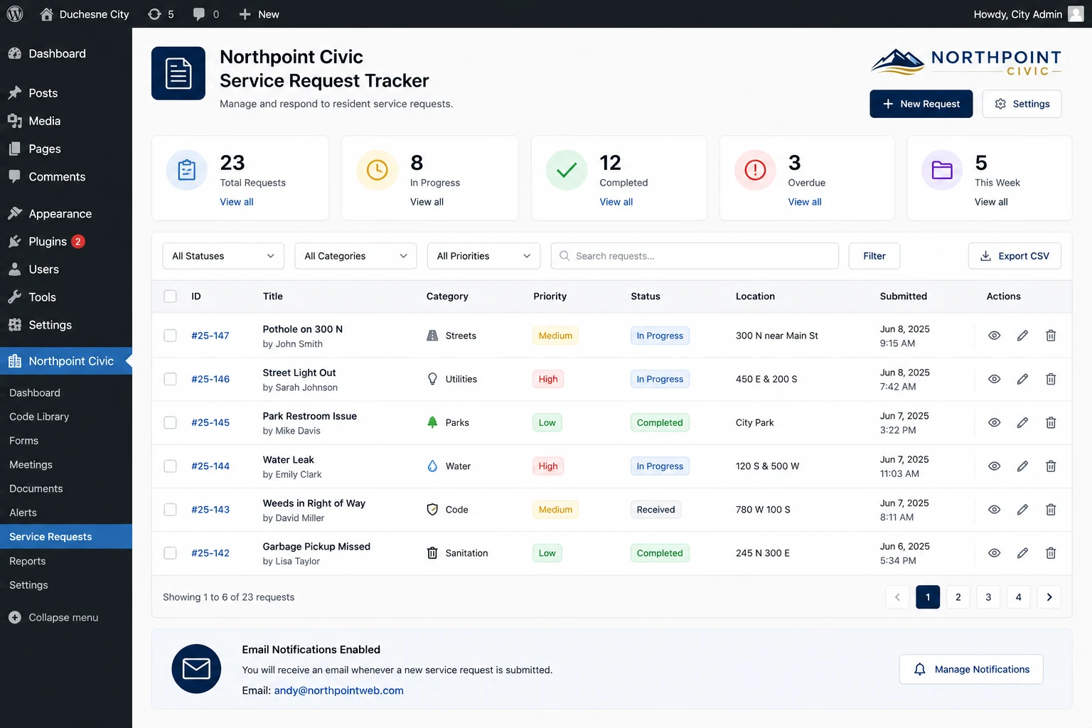 Northpoint Civic resident service request dashboard showing assigned requests and status updates