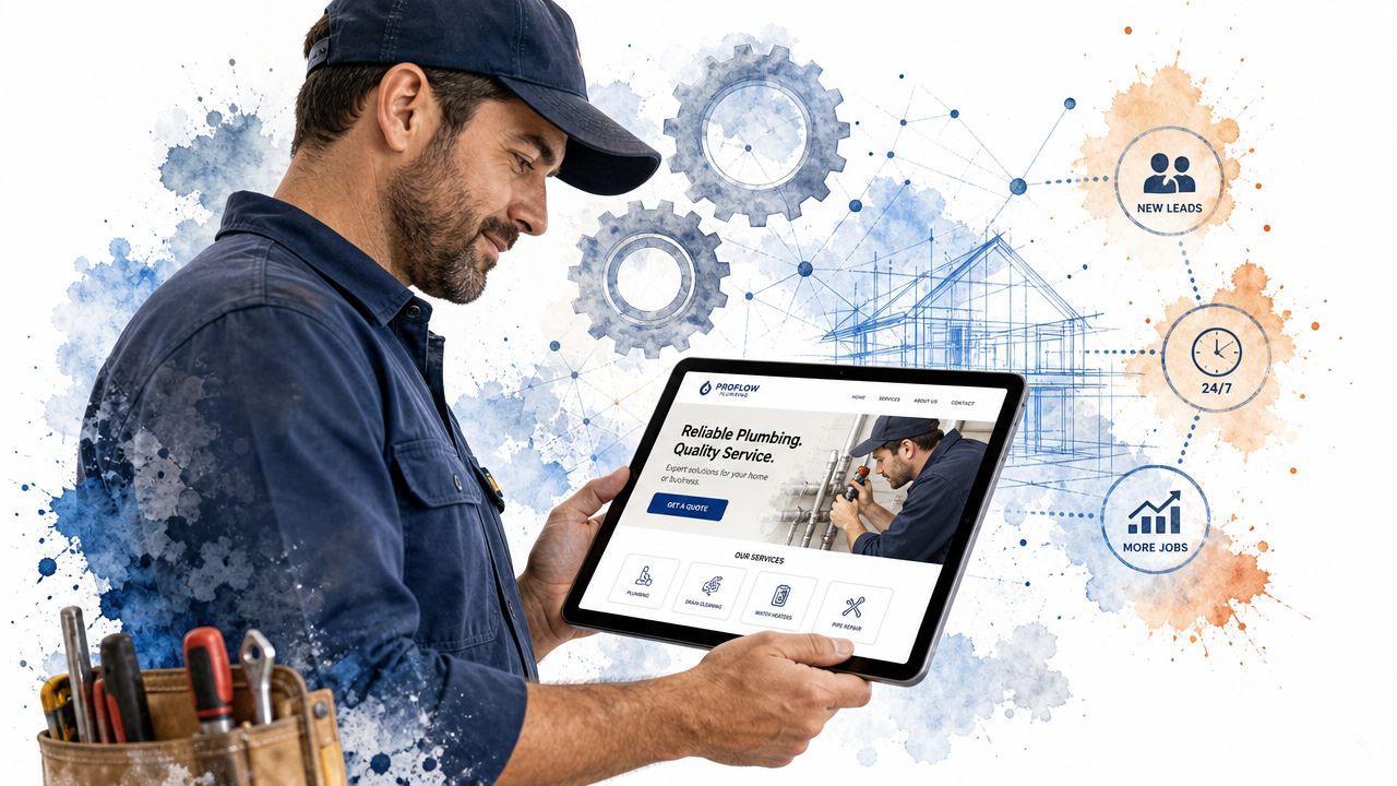 A professional plumber wearing a work cap uses a digital tablet to manage business operations and services.
