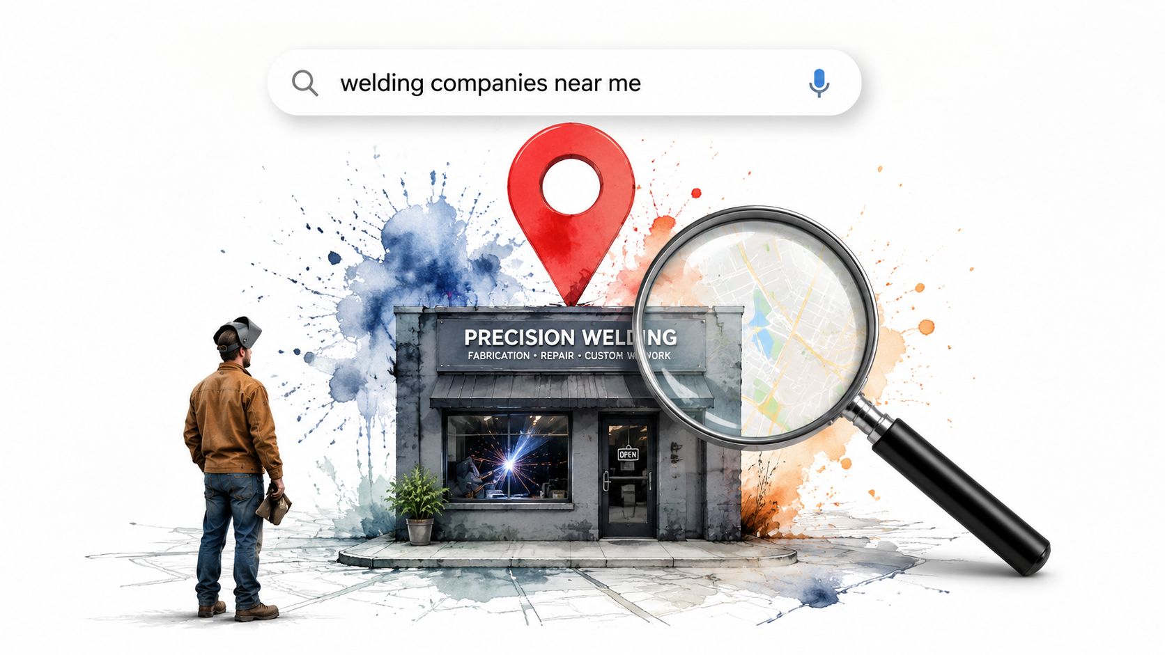 A welder standing in front of a shop representing local business marketing and search engine optimization services.