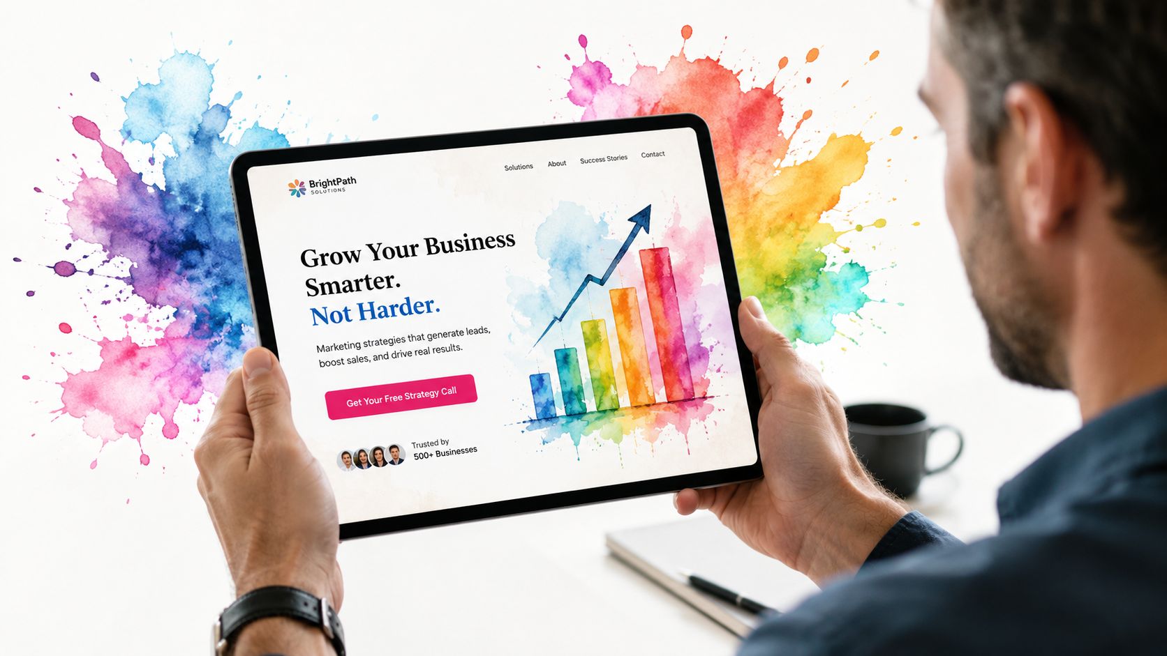 A man holds a tablet displaying a marketing strategy website with a colorful business growth chart.