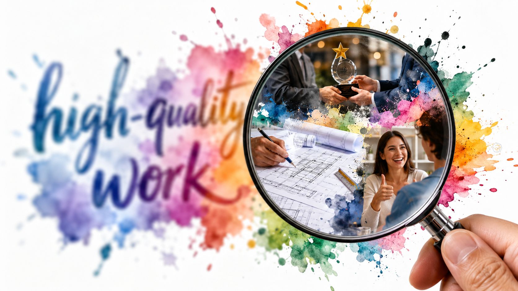 A magnifying glass focusing on scenes of professionals working on architectural plans and celebrating business success achievements.