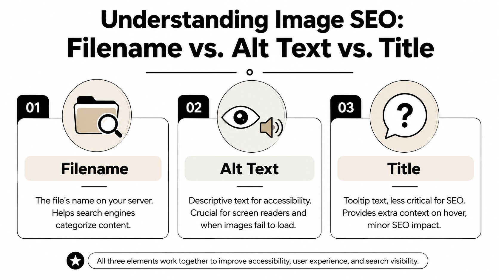 A diagram comparing and explaining the differences between filename, alt text, and title for image SEO optimization.