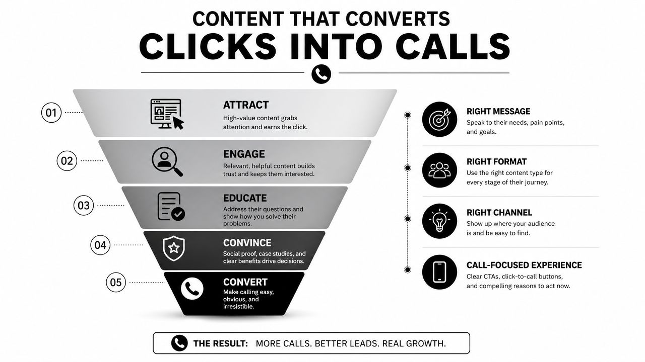 A marketing funnel infographic illustrating steps to convert online clicks into sales calls for business growth.