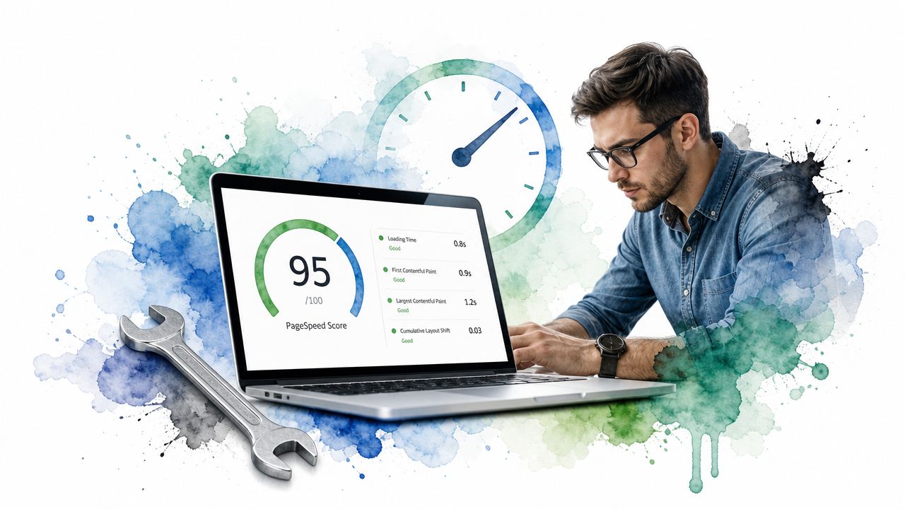 A professional man optimizing website performance on a laptop, illustrated with page speed analytics and tools.
