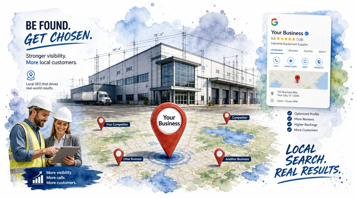 Two industrial professionals discussing local SEO strategies to increase business visibility on a digital map interface.