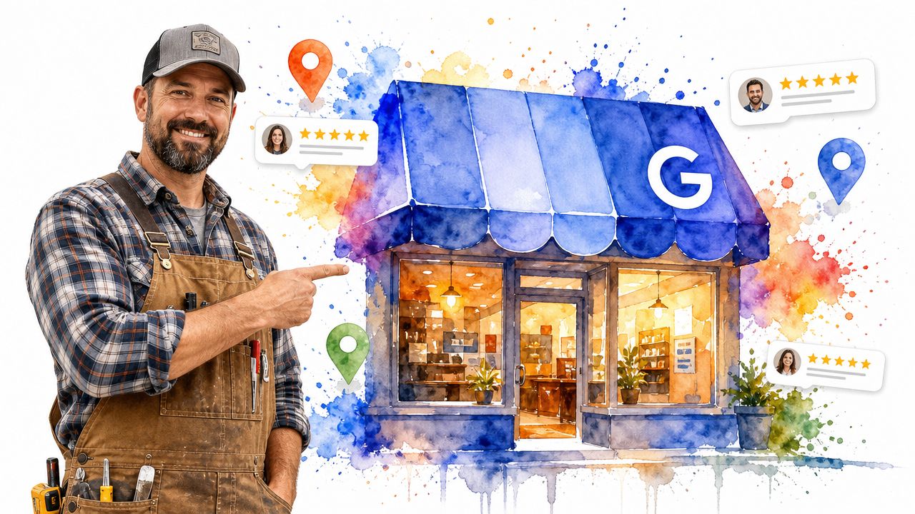 A friendly handyman pointing at a watercolor illustration of a local business with Google search review icons.