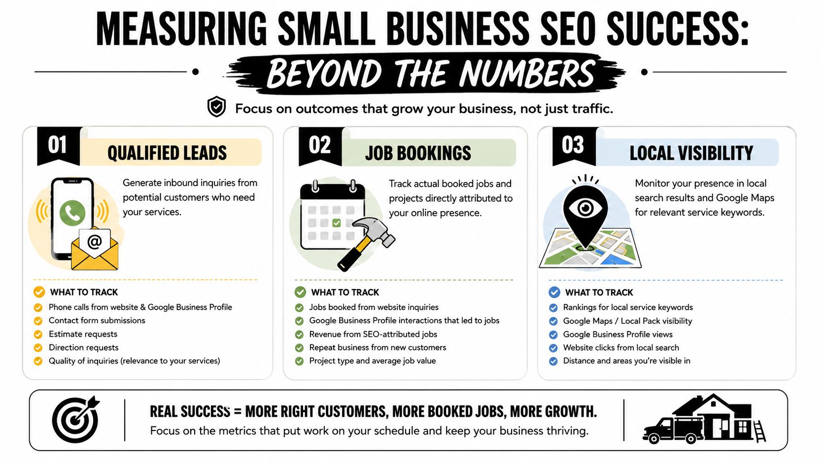 An infographic titled Measuring Small Business SEO Success explaining how to track leads, bookings, and local visibility.