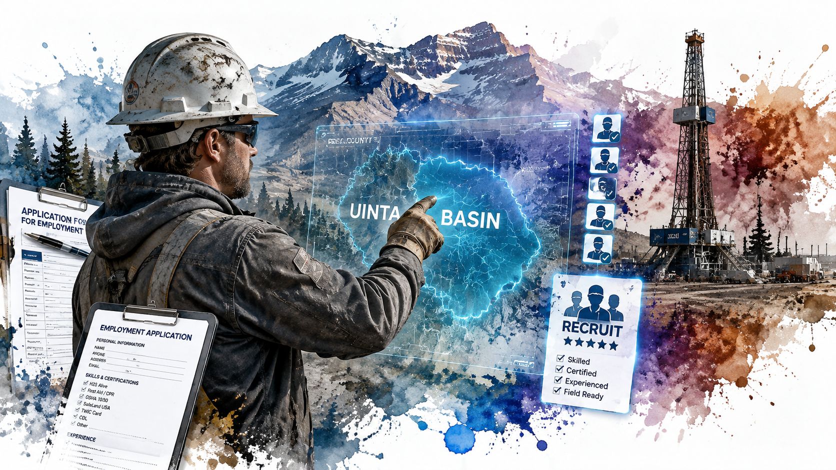 A construction worker interacting with a digital Uinta Basin map for oil and gas recruitment services.