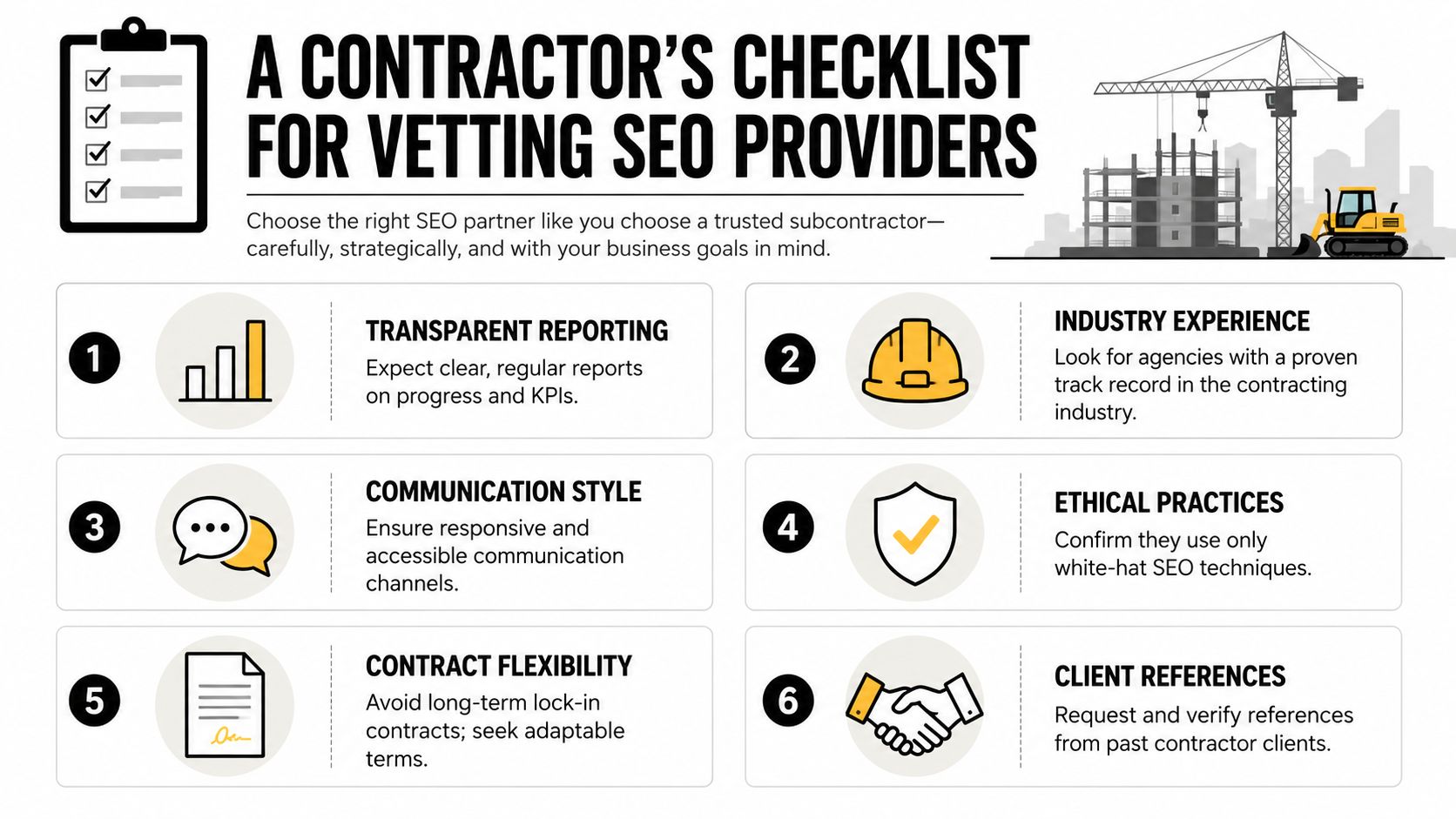 A checklist for contractors outlining six key steps for vetting and hiring professional SEO service providers.