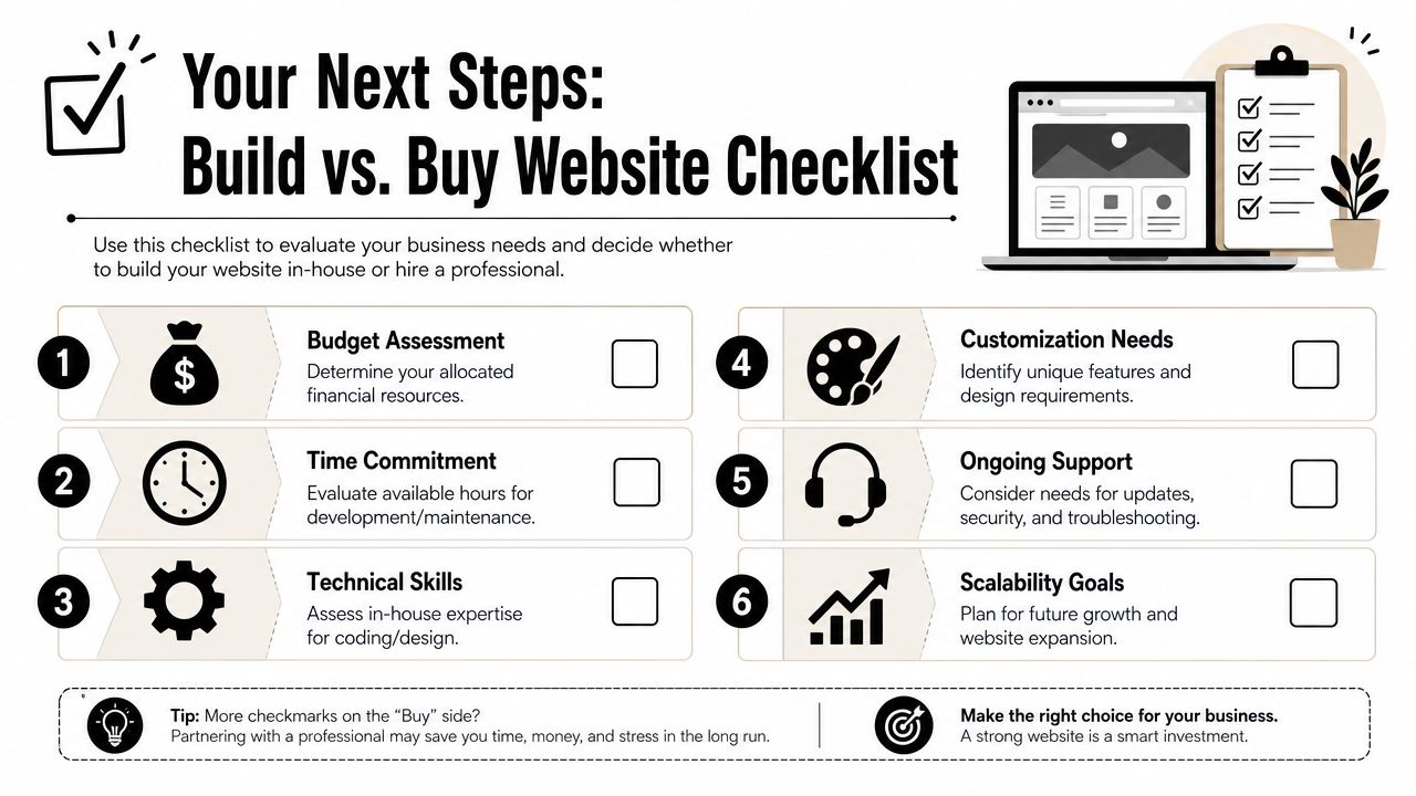 A checklist graphic designed to help businesses decide between building their website or hiring a professional.