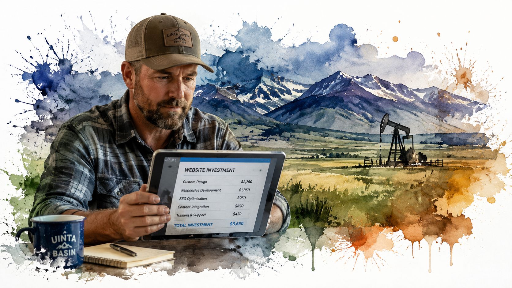 A man wearing a Uinta Basin hat reviewing a small business website investment cost list on a tablet.