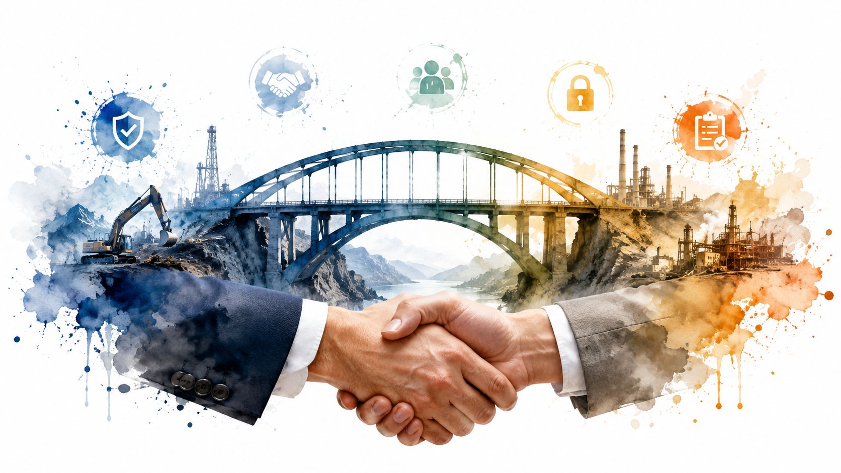 A professional handshake bridging industrial landscapes featuring construction equipment and factory buildings with abstract icons above.