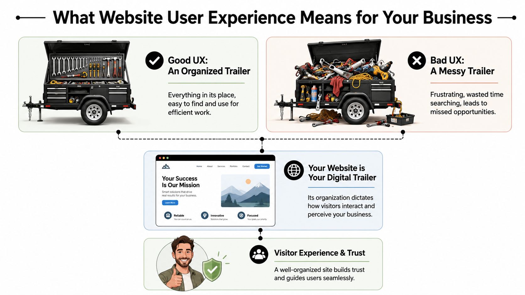 A visual analogy showing how an organized website trailer improves user experience and business trust.