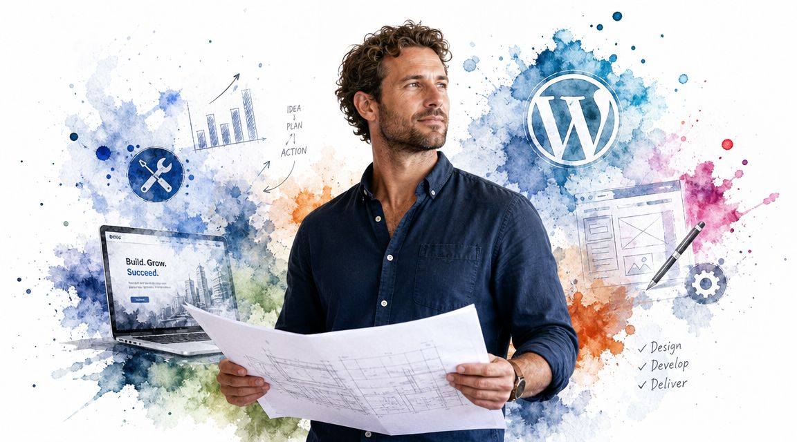 A professional man holding blueprints with digital growth icons and WordPress branding in a creative watercolor style.