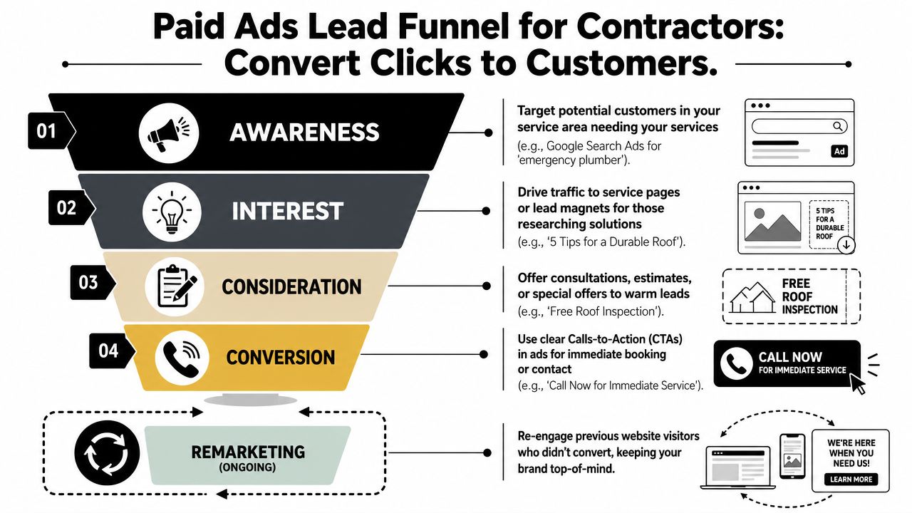 A marketing funnel infographic illustrating how contractors can convert online clicks into paying customers through lead generation.