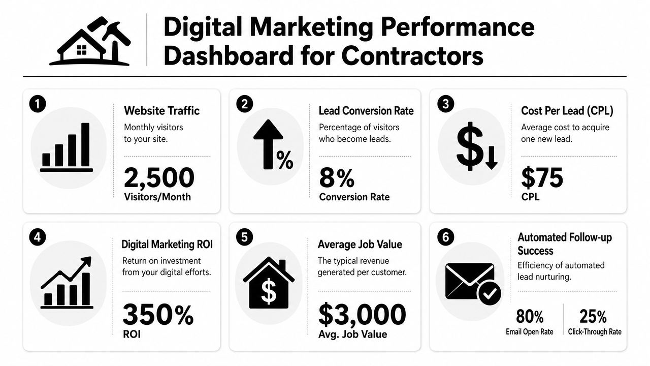 A digital marketing performance dashboard infographic showing metrics like website traffic, lead conversion rates, and ROI for contractors.