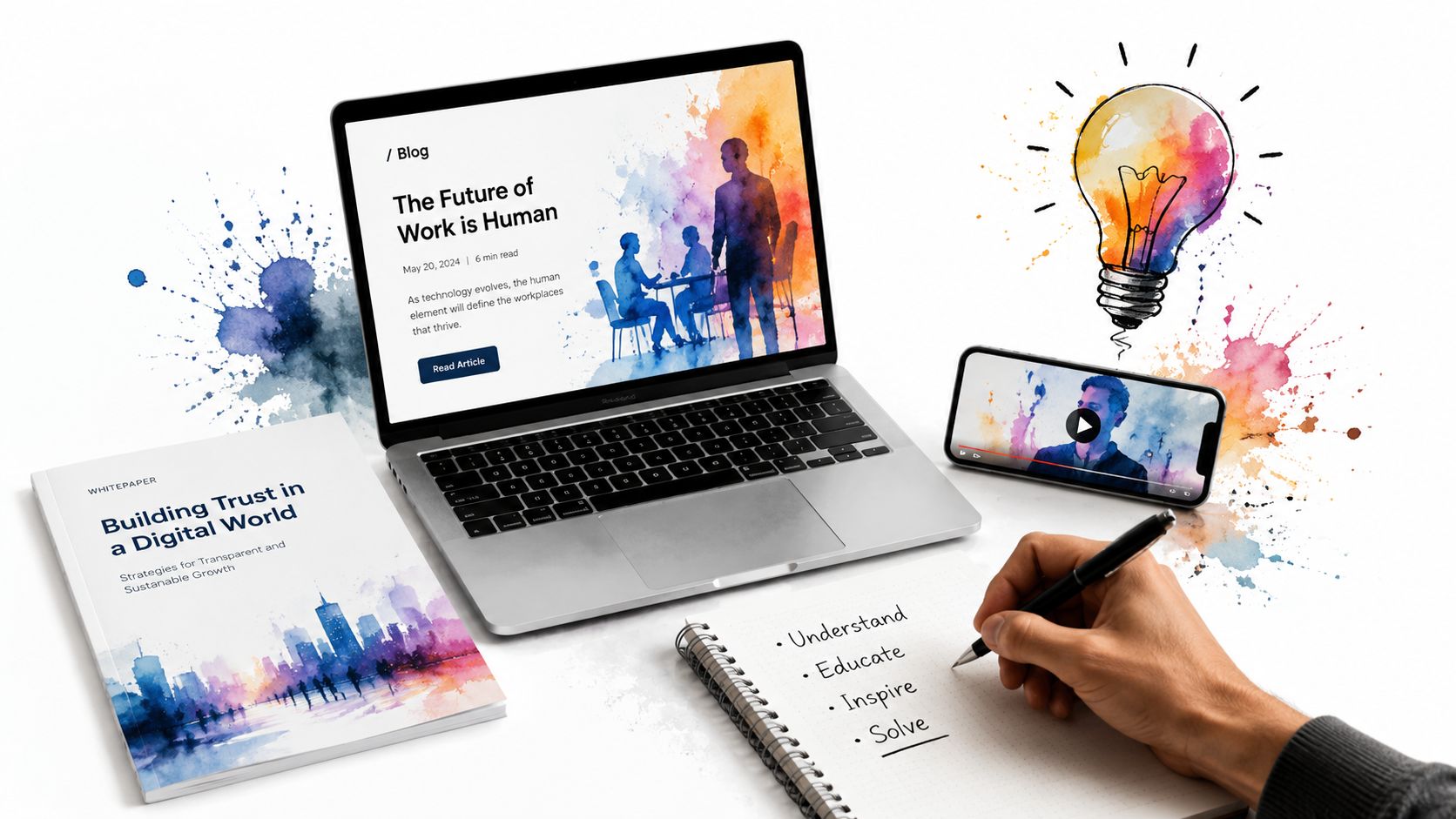 A professional setup with a laptop, smartphone, whitepaper, and notebook representing B2B business marketing strategies.
