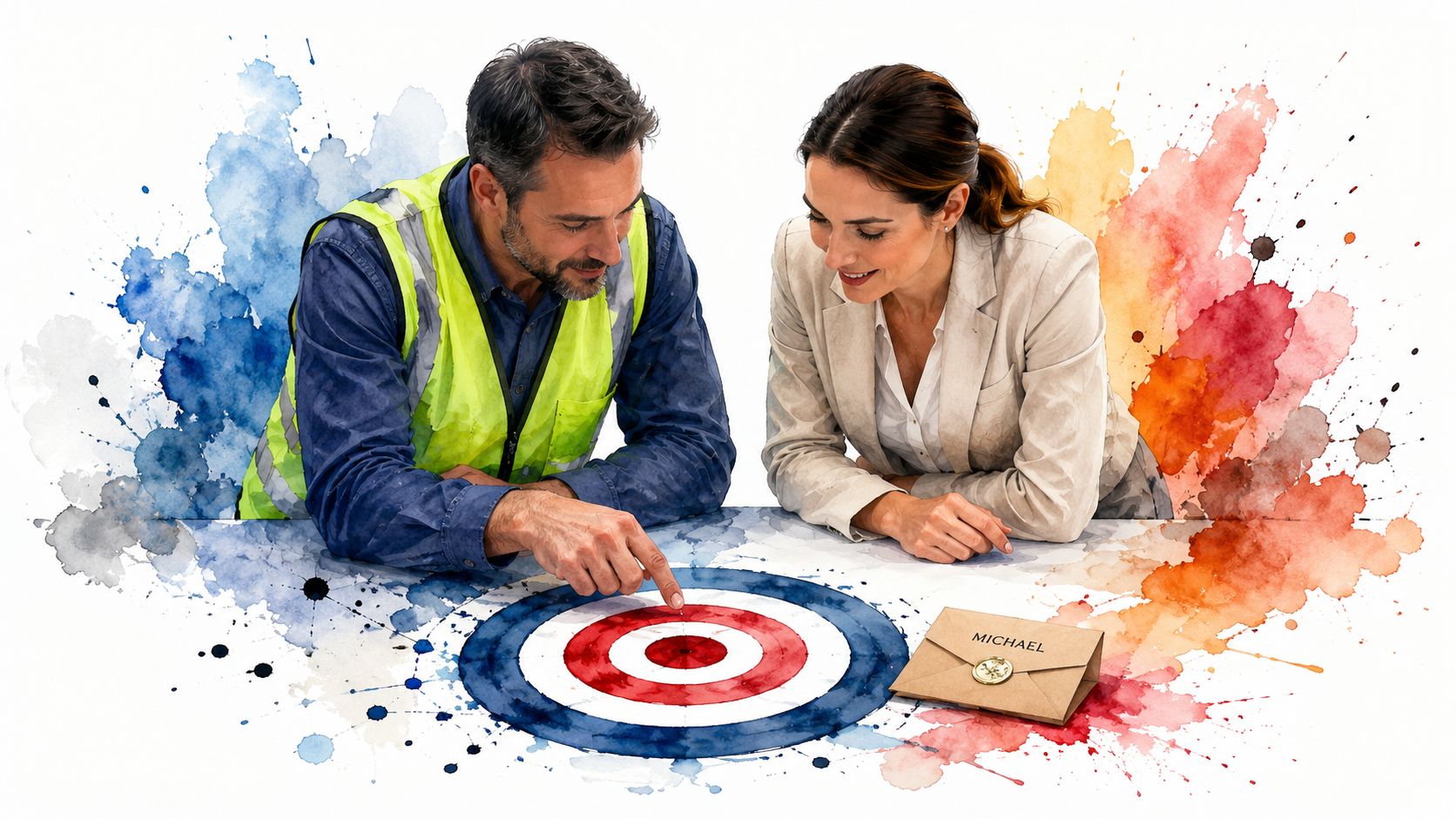 A professional man and woman discussing a target illustration and a personalized envelope in a collaborative setting.