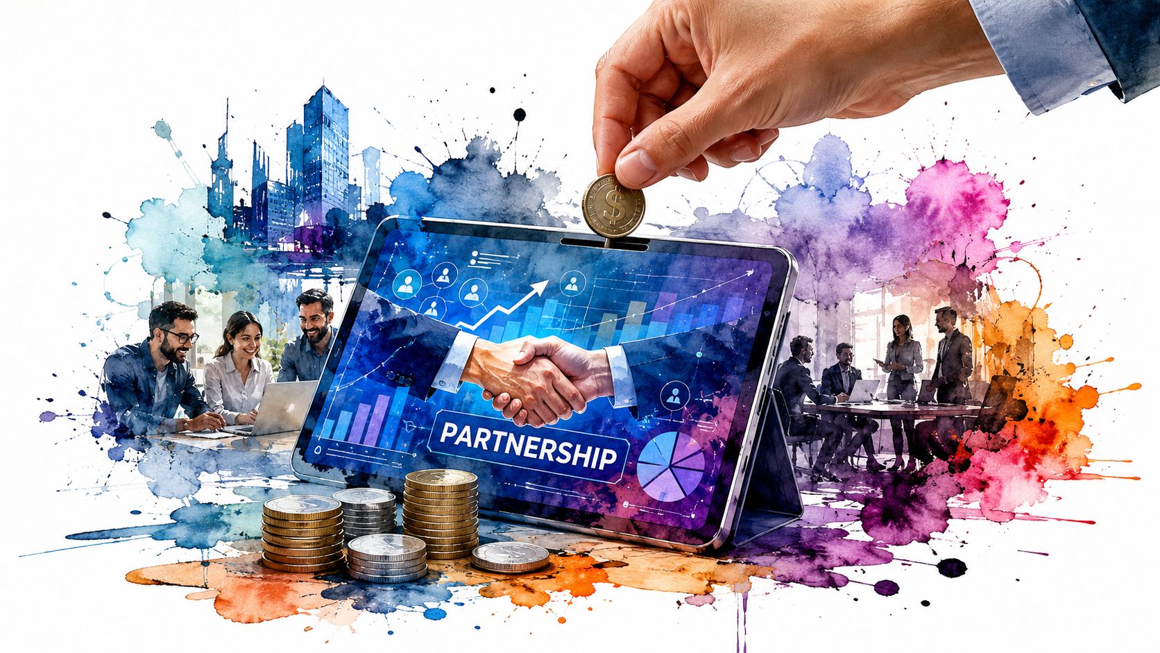 A hand inserting a coin into a tablet screen displaying a handshake and partnership business growth graph.