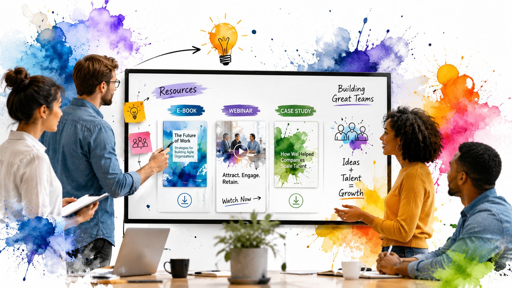 A professional team collaborating in a creative office space while reviewing business growth resources on a screen.