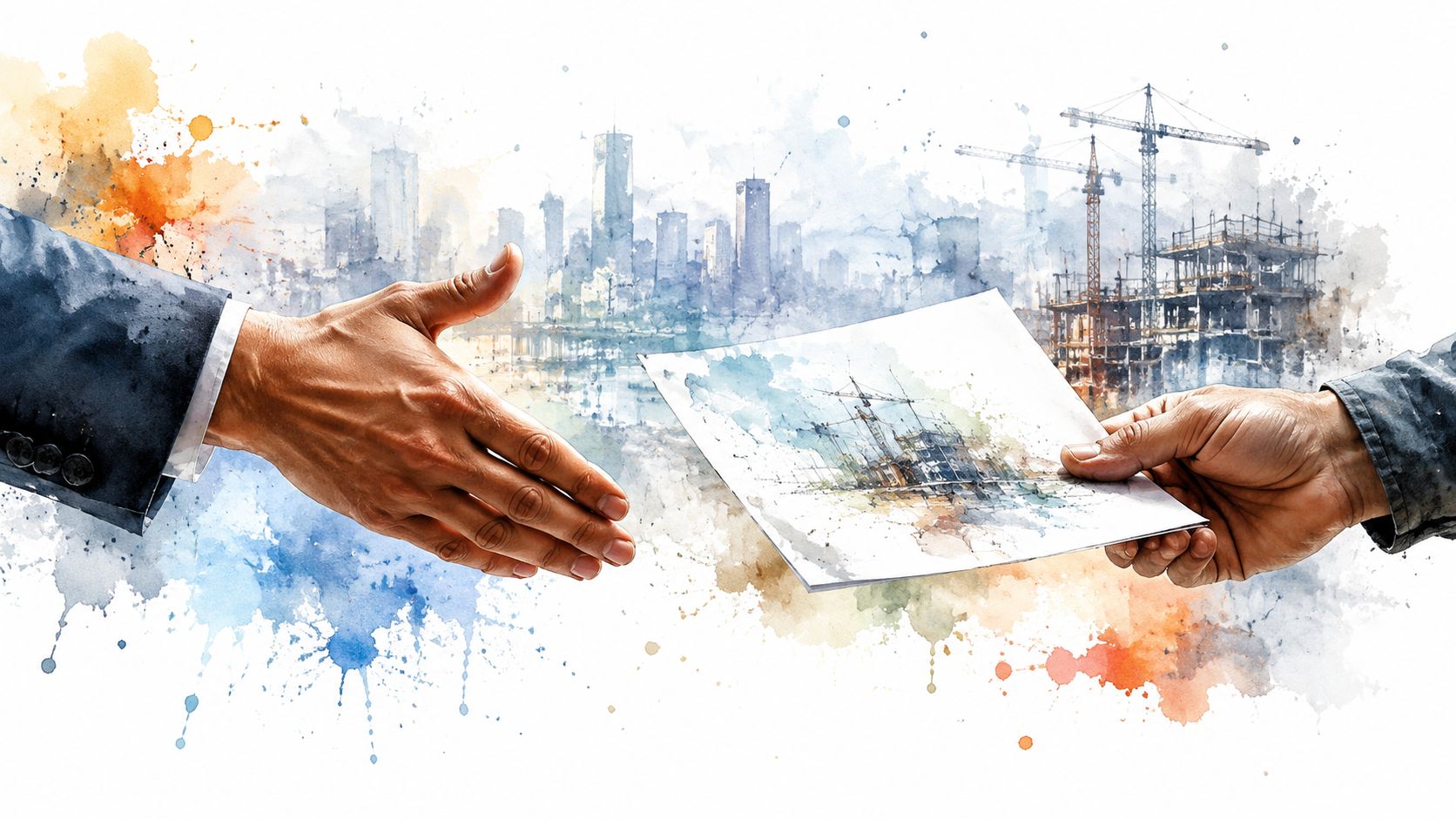 Two people shaking hands and exchanging construction architectural blueprints in a stylized watercolor business scene.
