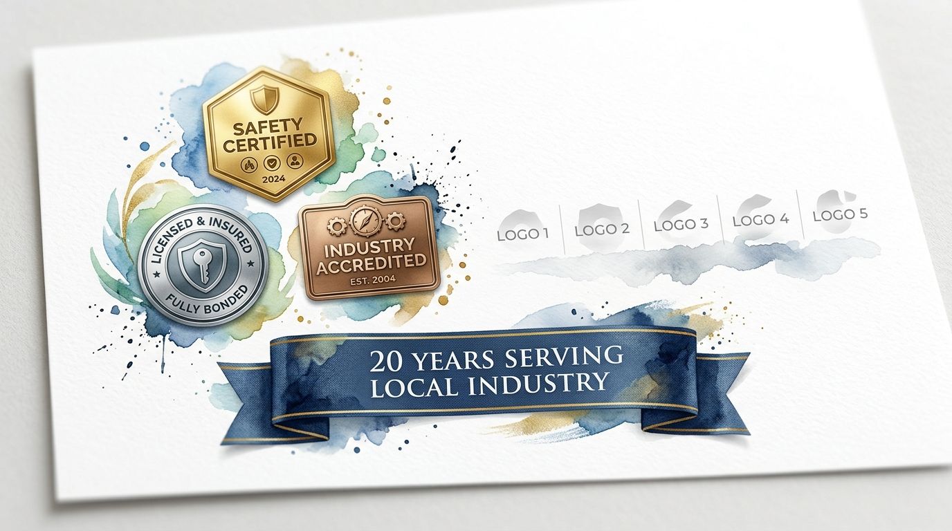 A professional business banner with certification badges, watercolor accents, and a ribbon stating 20 years serving industry.