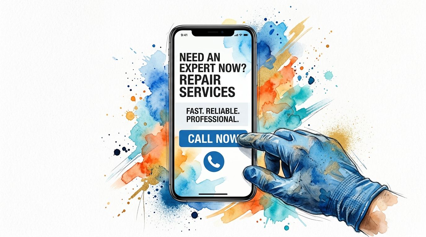 A gloved hand touching a smartphone screen featuring a professional repair services call-to-action button.