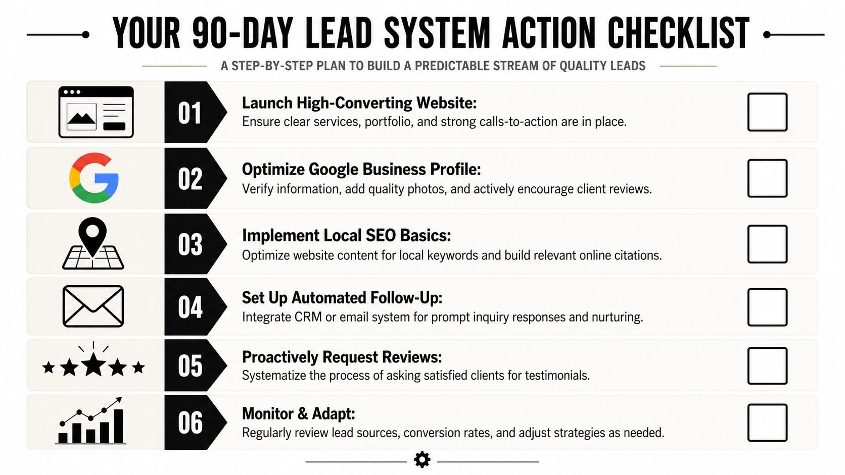 A six-step checklist for building a predictable lead generation system for service contractors and businesses.