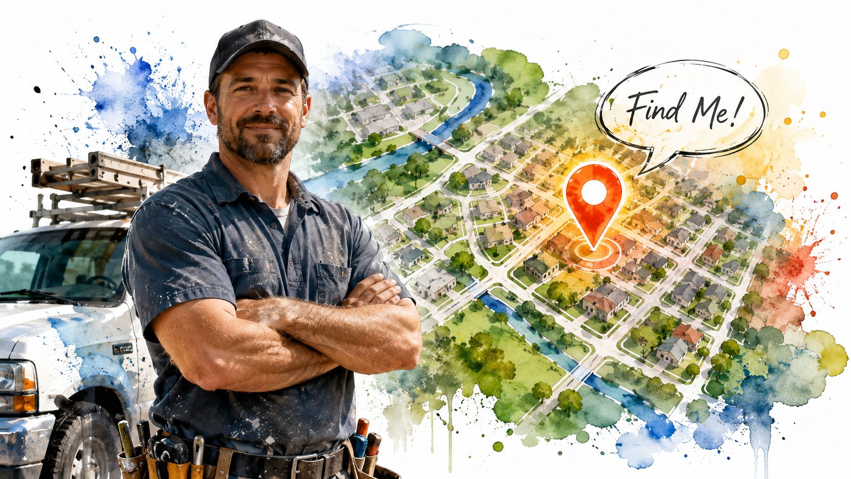 A professional contractor standing in front of his service truck next to a map with location pin.