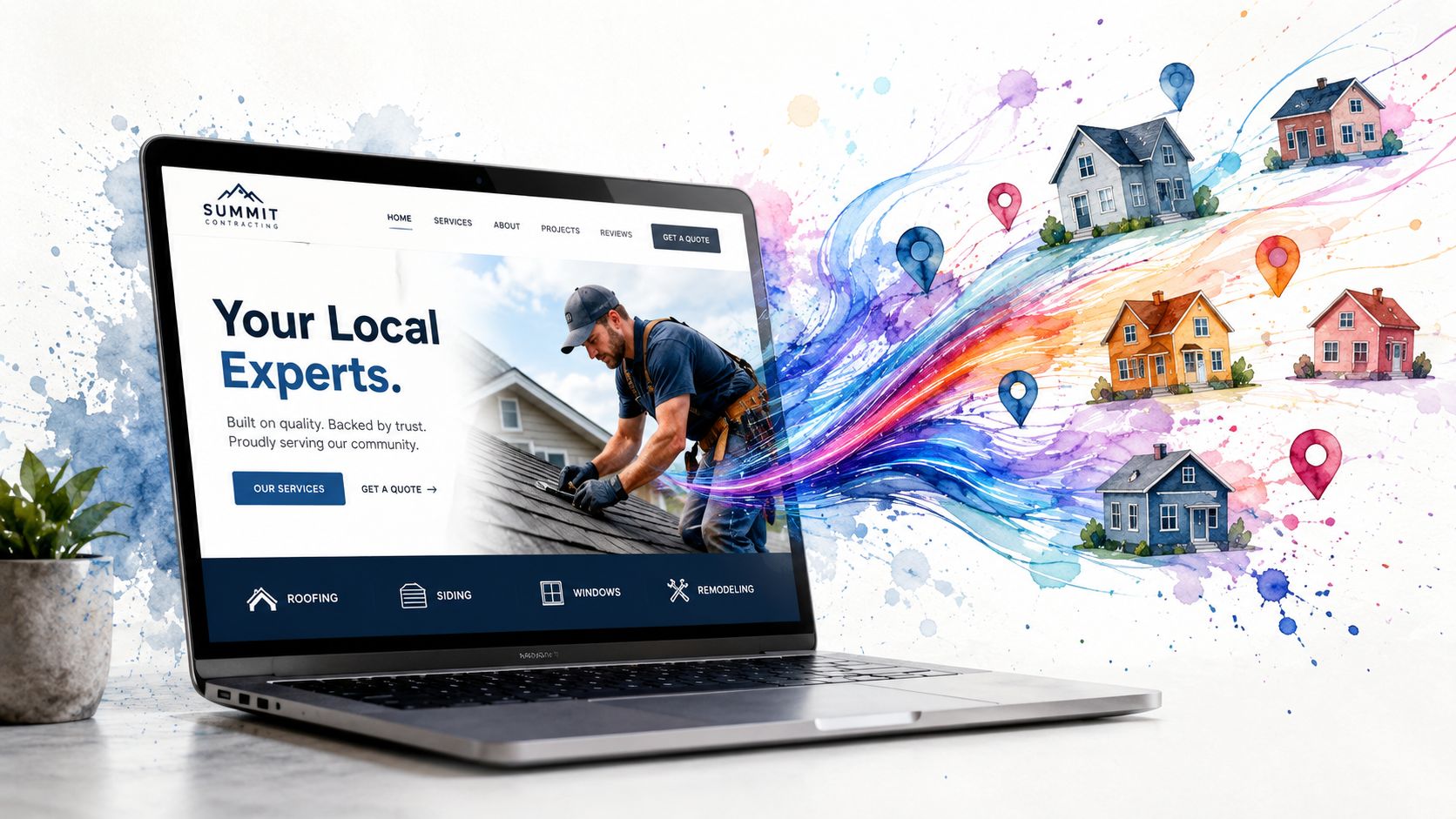 A laptop screen displaying a construction company website with digital house illustrations connected by colorful paint splashes.