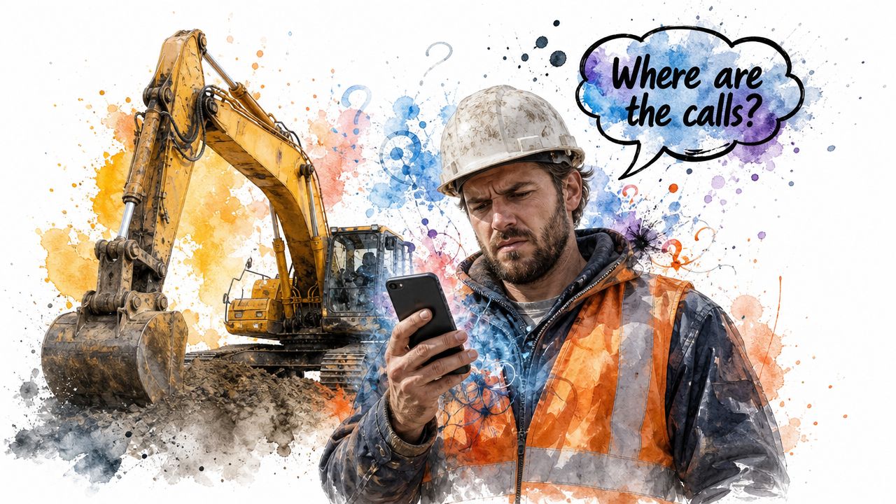 A construction worker looking at a smartphone with a confused expression next to a large yellow excavator.