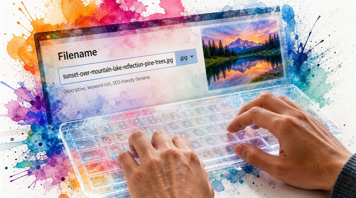 A person types on a transparent keyboard, creating an SEO-friendly filename for a scenic nature image.