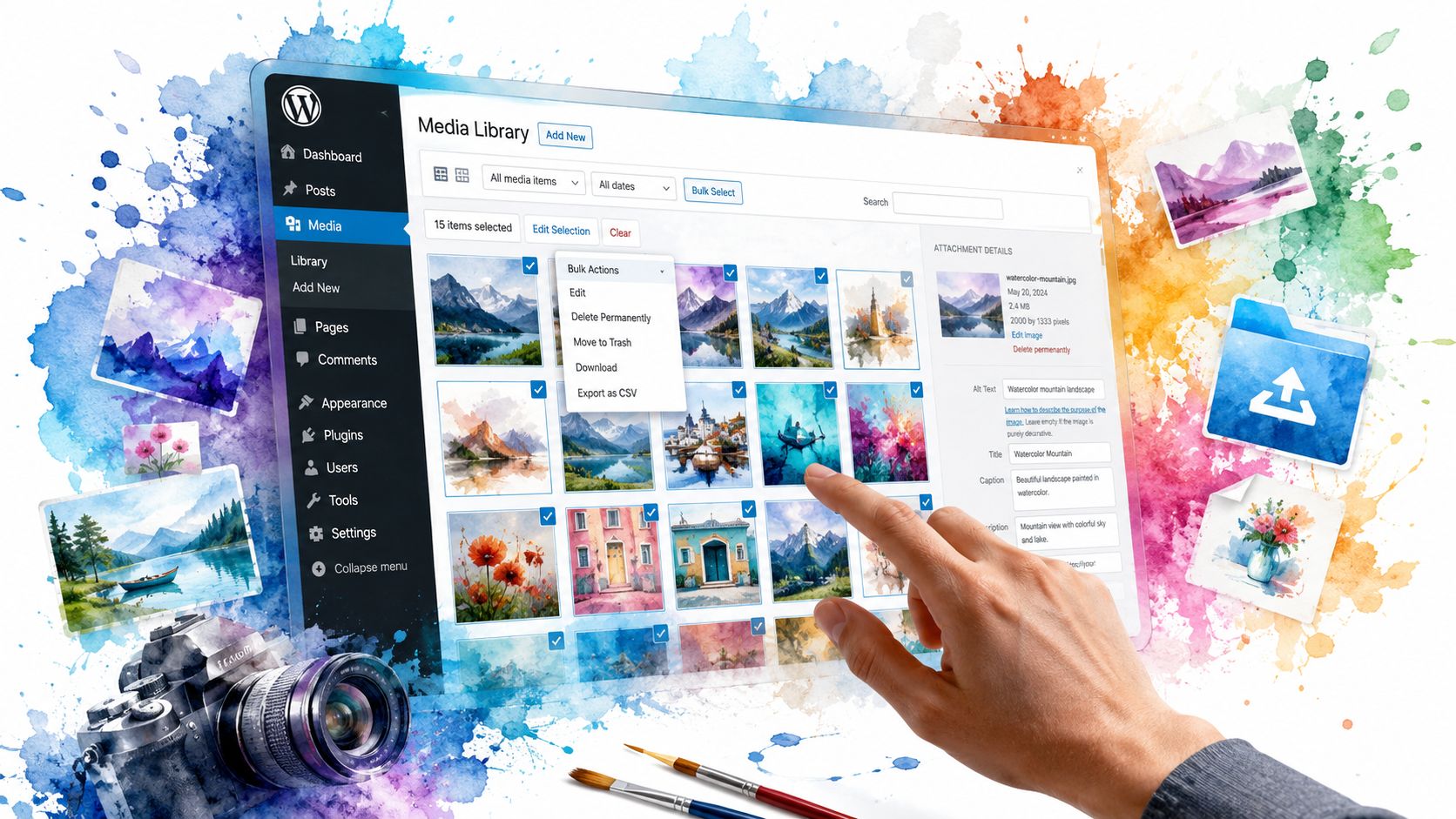 A hand selecting watercolor mountain landscape images within a WordPress digital media library management interface.