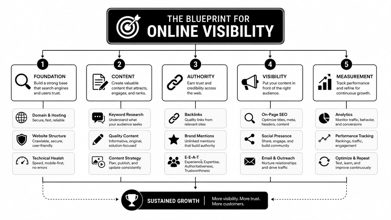 A diagram illustrating the five key steps for online visibility, including foundation, content, authority, visibility, and measurement.