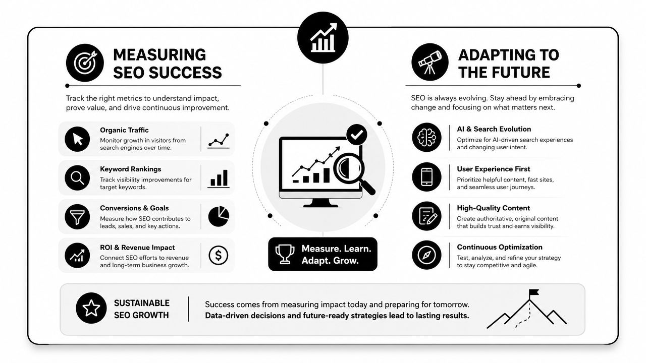 An infographic titled Measuring SEO Success and Adapting to the Future, featuring key performance indicators and growth strategies.