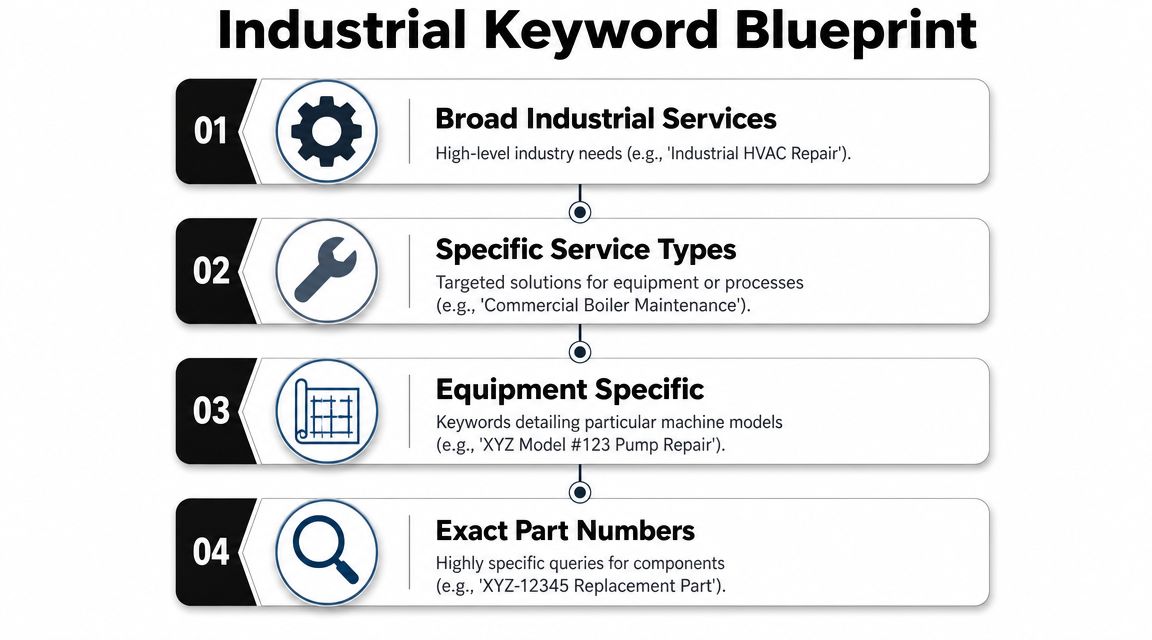 A four-step infographic explaining an industrial keyword blueprint strategy for search engine optimization and marketing purposes.