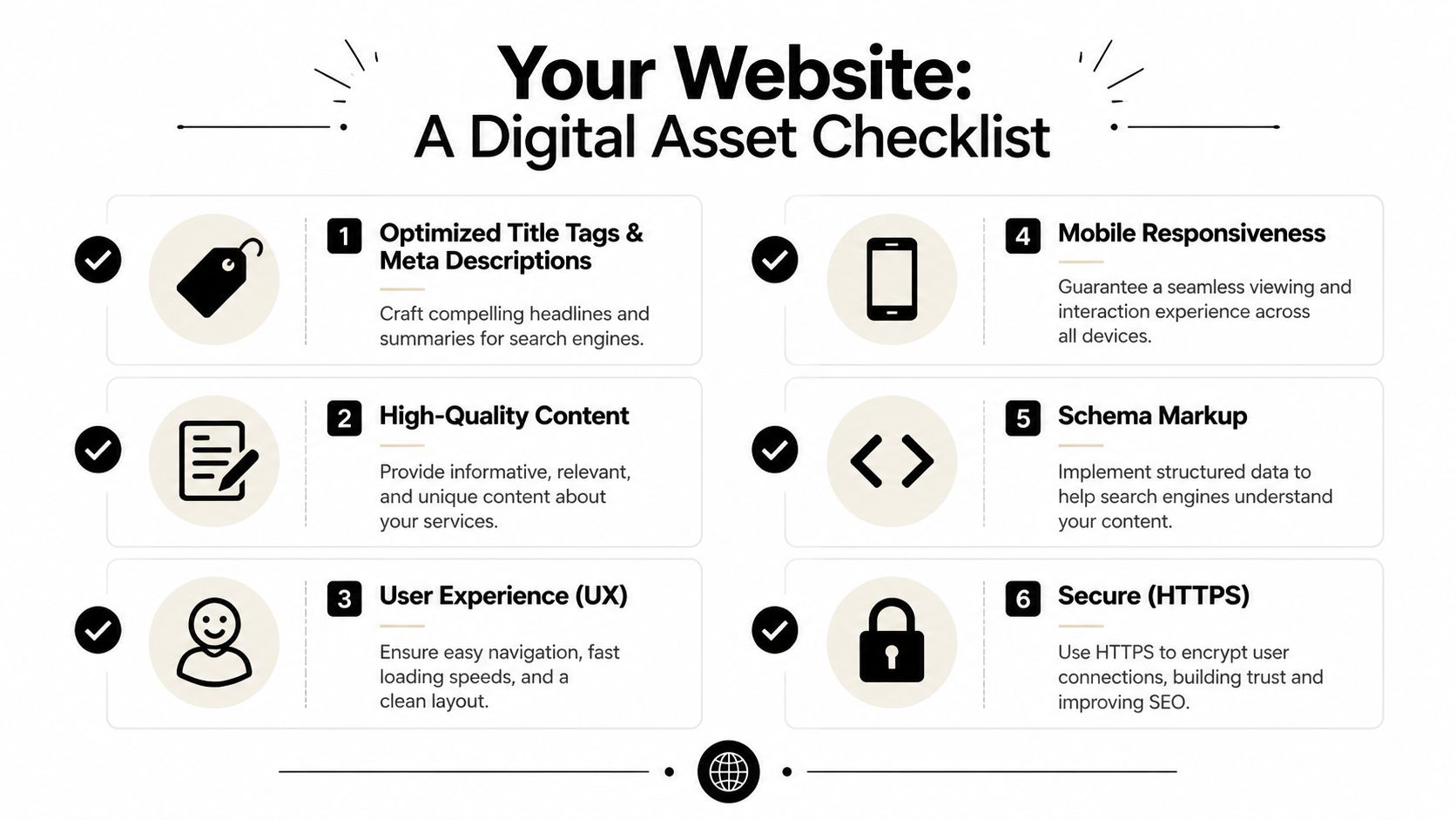 A checklist graphic outlining six essential steps for optimizing industrial company websites for better search performance.