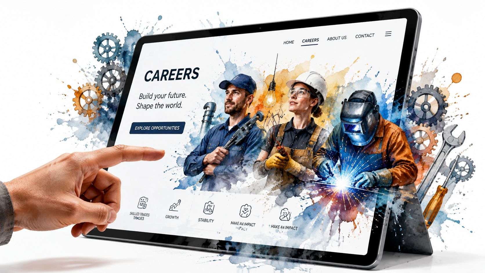 A digital illustration of skilled tradespeople working with a tablet displayed in the foreground.