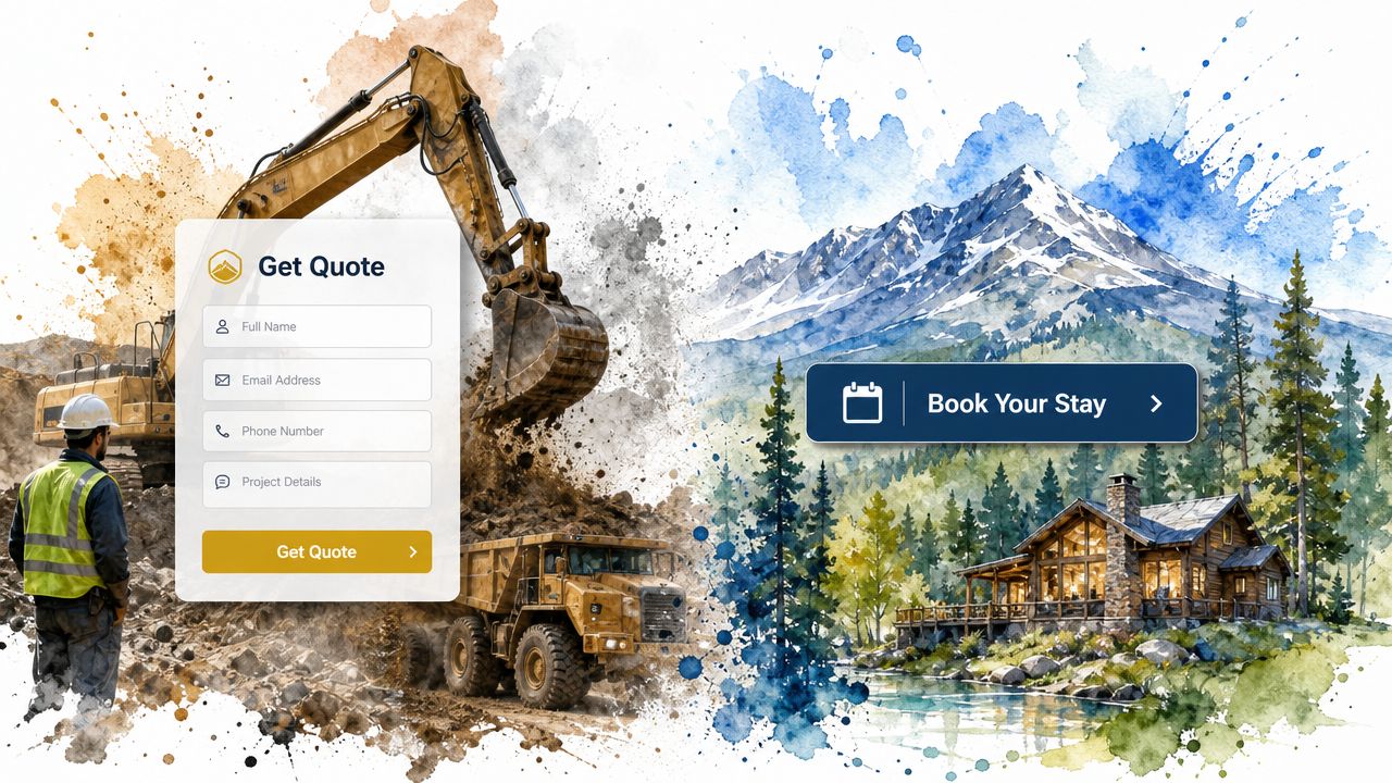 A split design showcasing construction services with a quote form and mountain lodging booking options.
