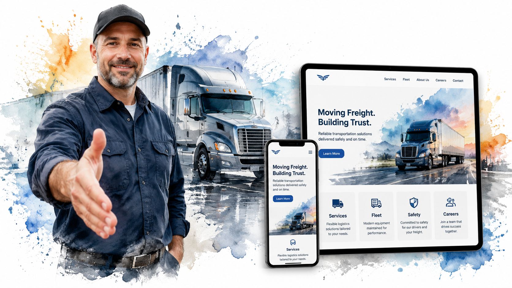 A professional truck driver extending a handshake next to a mobile and desktop website design template.