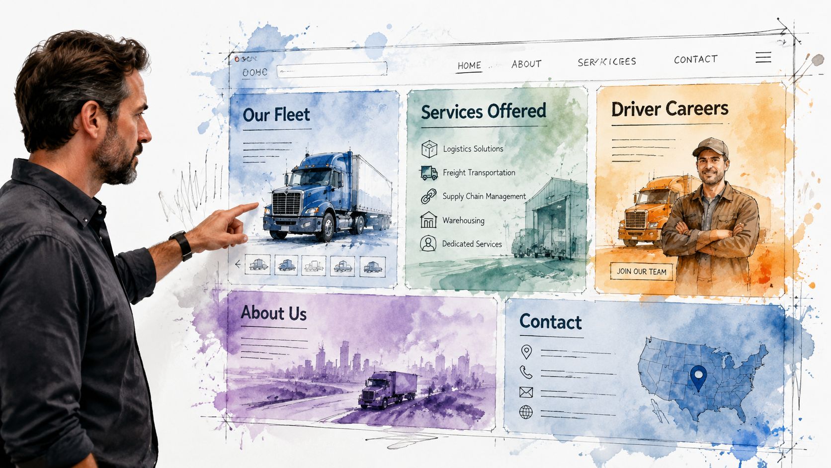 A professional man gesturing towards a creative watercolor illustration of a trucking company website design on wall.