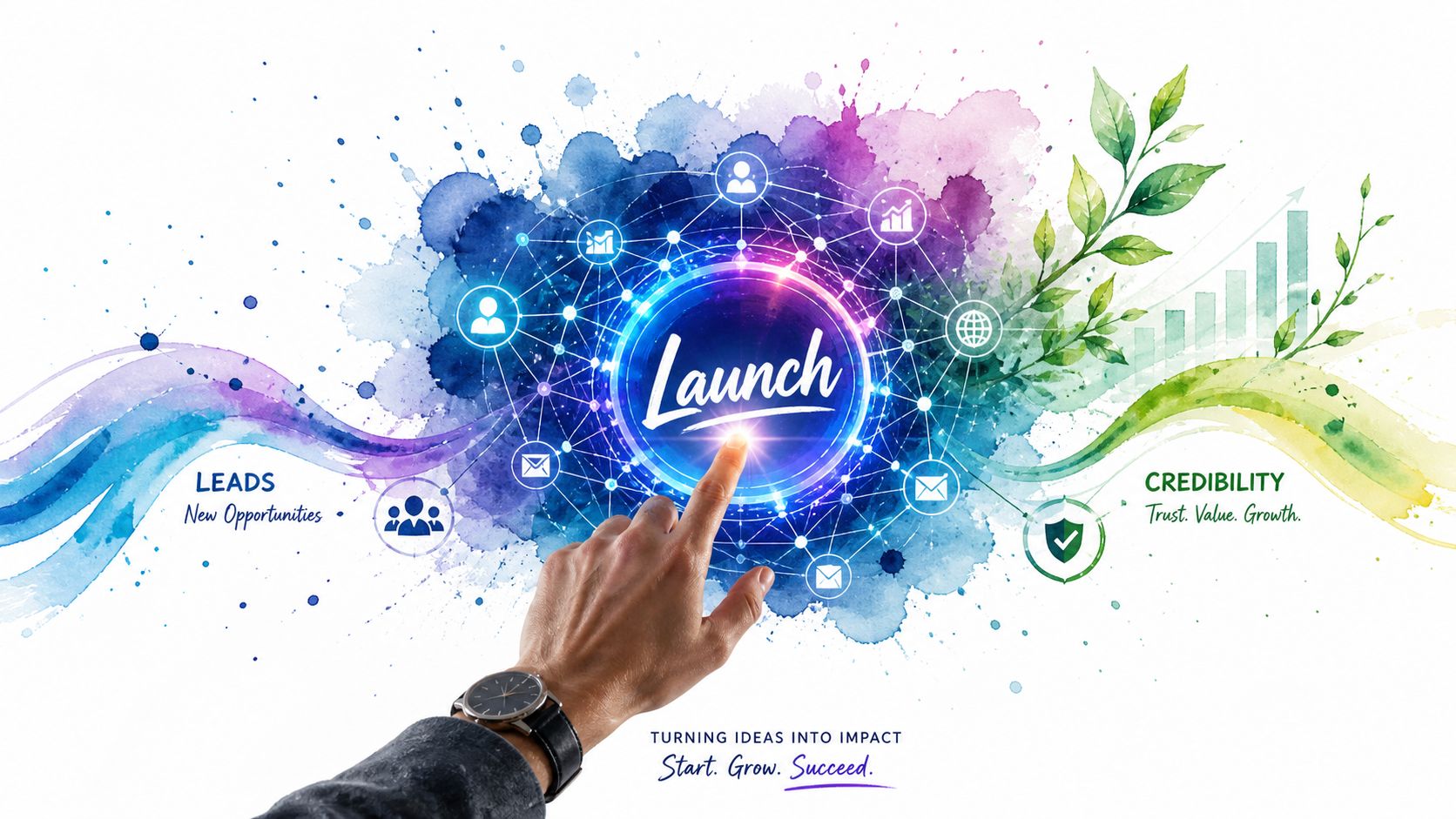 A professional hand touching a digital launch button surrounded by business icons, watercolor splashes, and growth graphics.