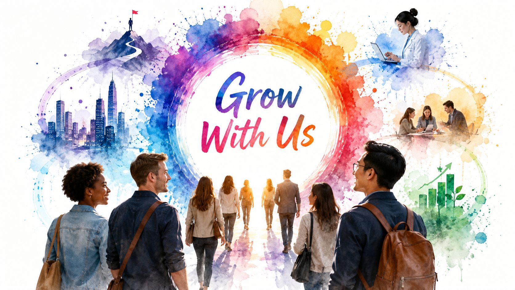 A diverse group of professionals walking towards a colorful, artistic portal featuring the text Grow With Us.