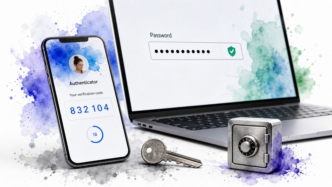 A smartphone showing a verification code, a laptop with a password field, a key, and a safe.