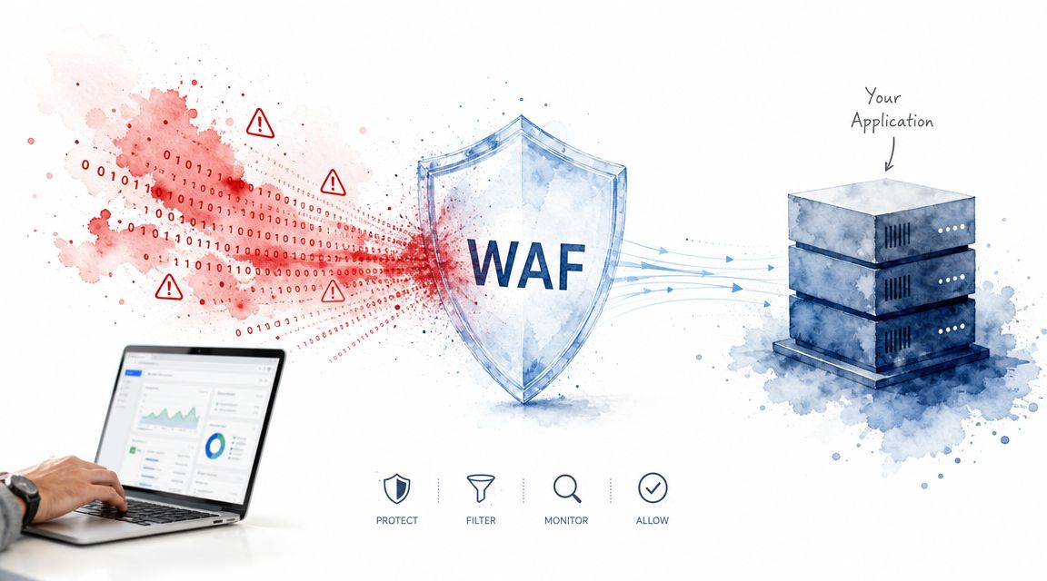A web application firewall (WAF) protecting a server from malicious traffic depicted as red binary code.