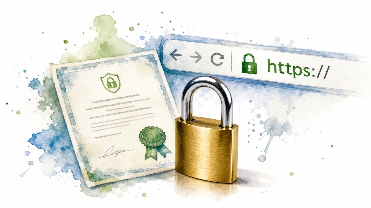 A conceptual illustration of web security featuring a digital certificate, a padlock, and a secure https browser bar.