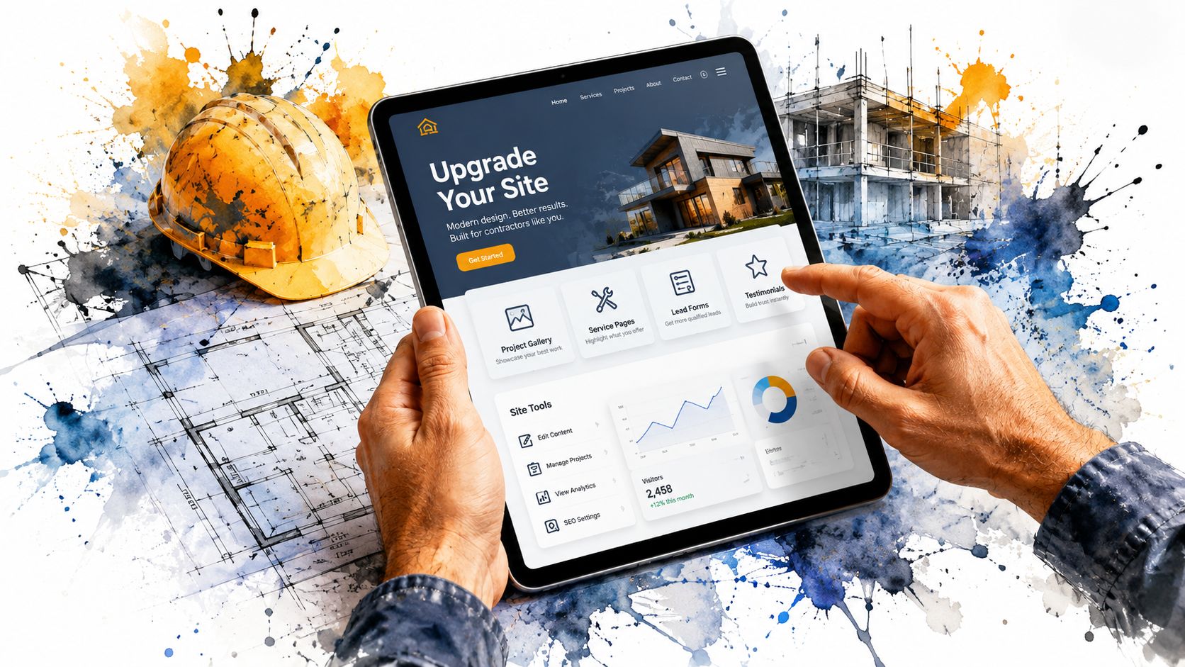 A contractor holding a tablet showing a website design interface with blueprints and a hard hat nearby.