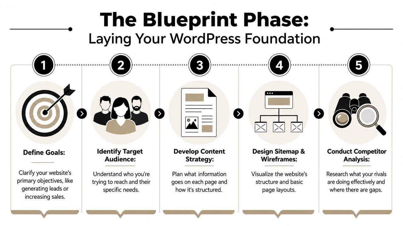 A five step infographic explaining the blueprint phase for building a successful WordPress business website.